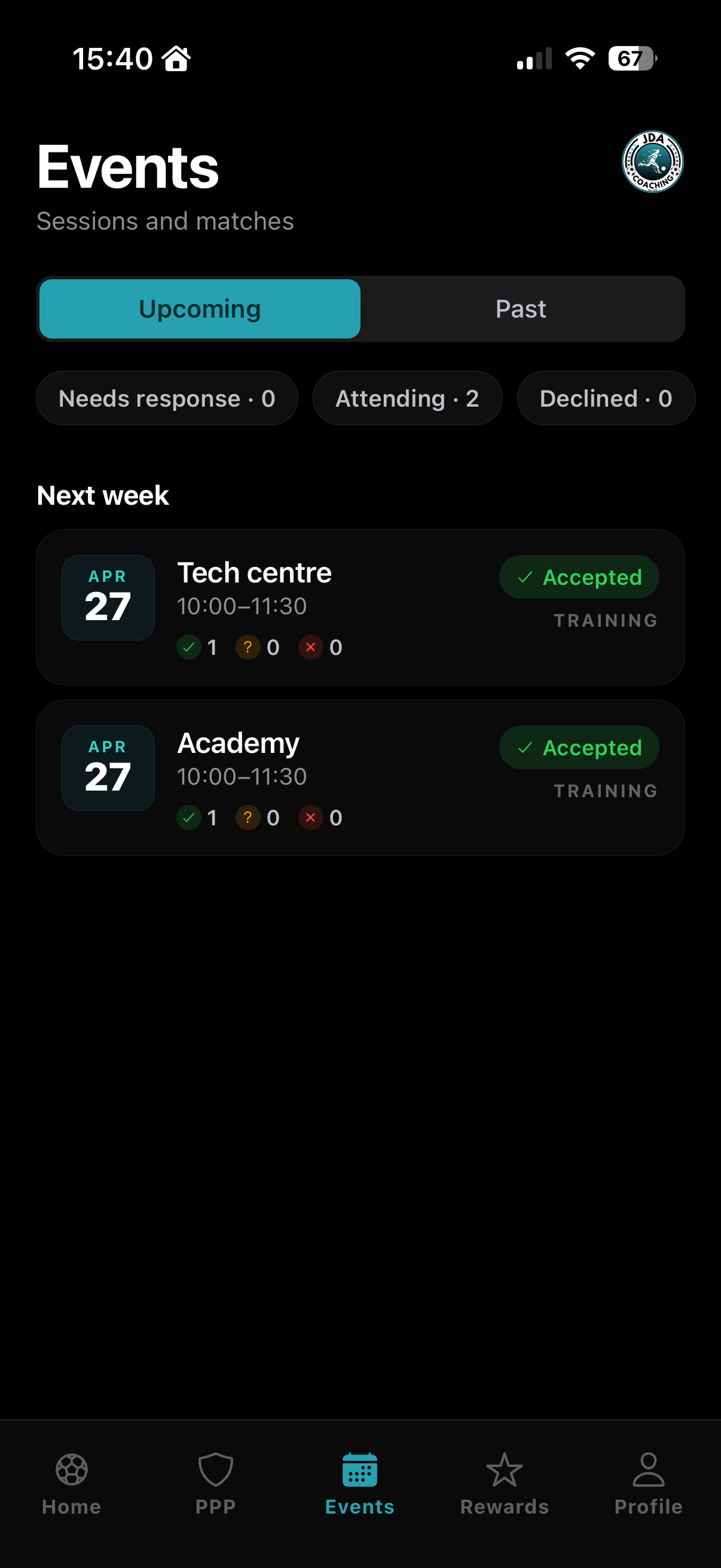Events & Fixtures screen