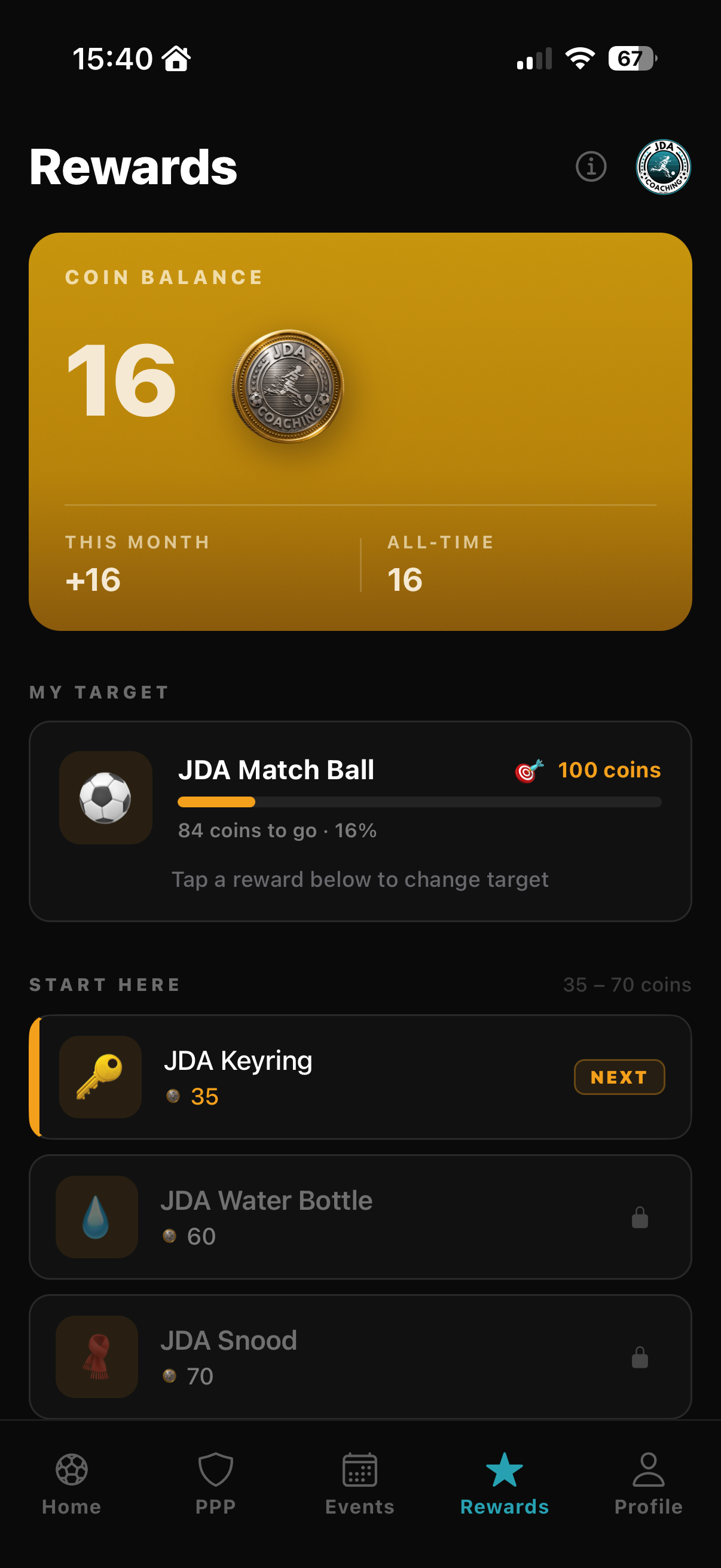 JDA Coins & Rewards screen